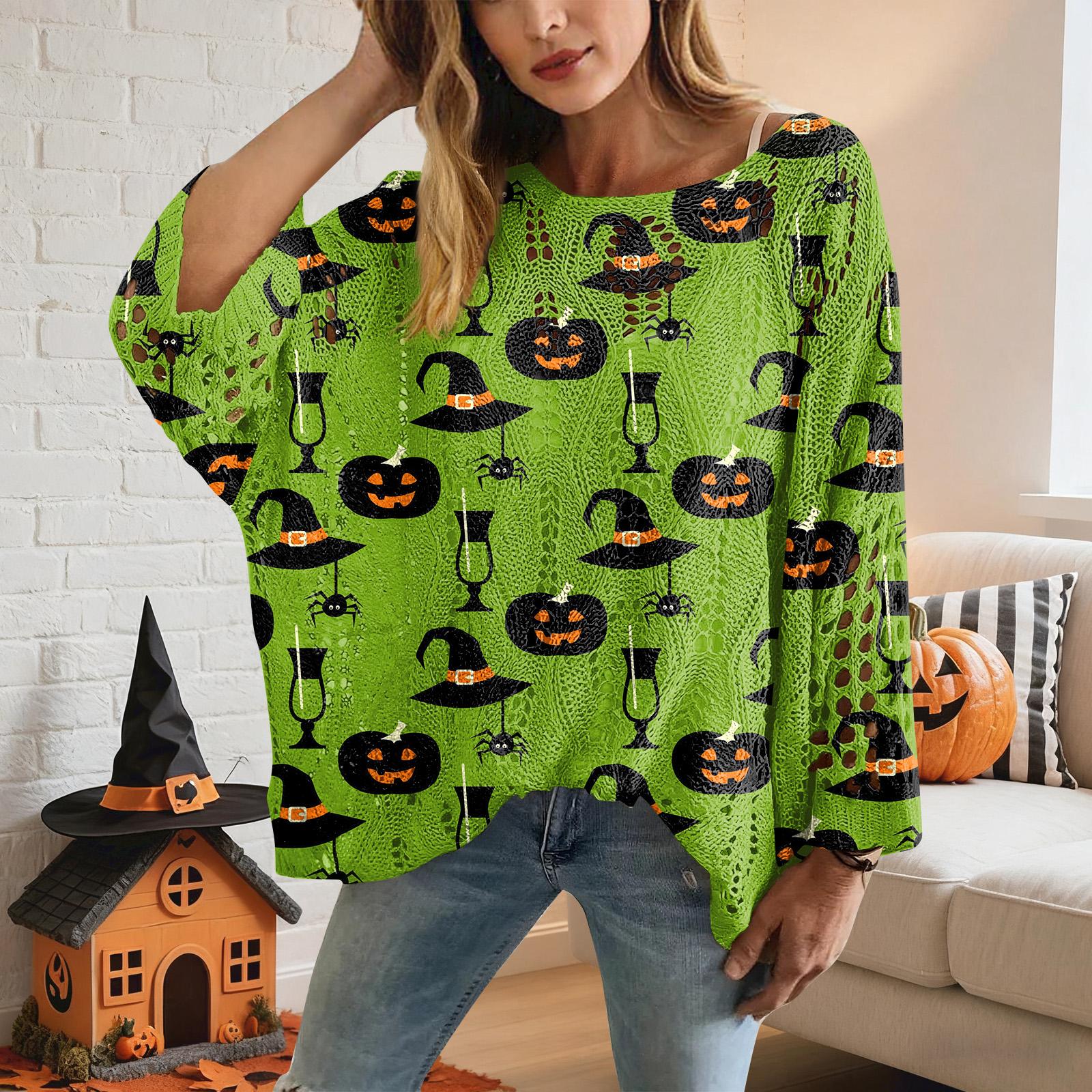 

Женский свитер с тыквой крючком на Хэллоуин, Вязаный пуловер оверсайз с тыквой, Уютный осенний свитер с ведьминской шляпой XXL зелёный