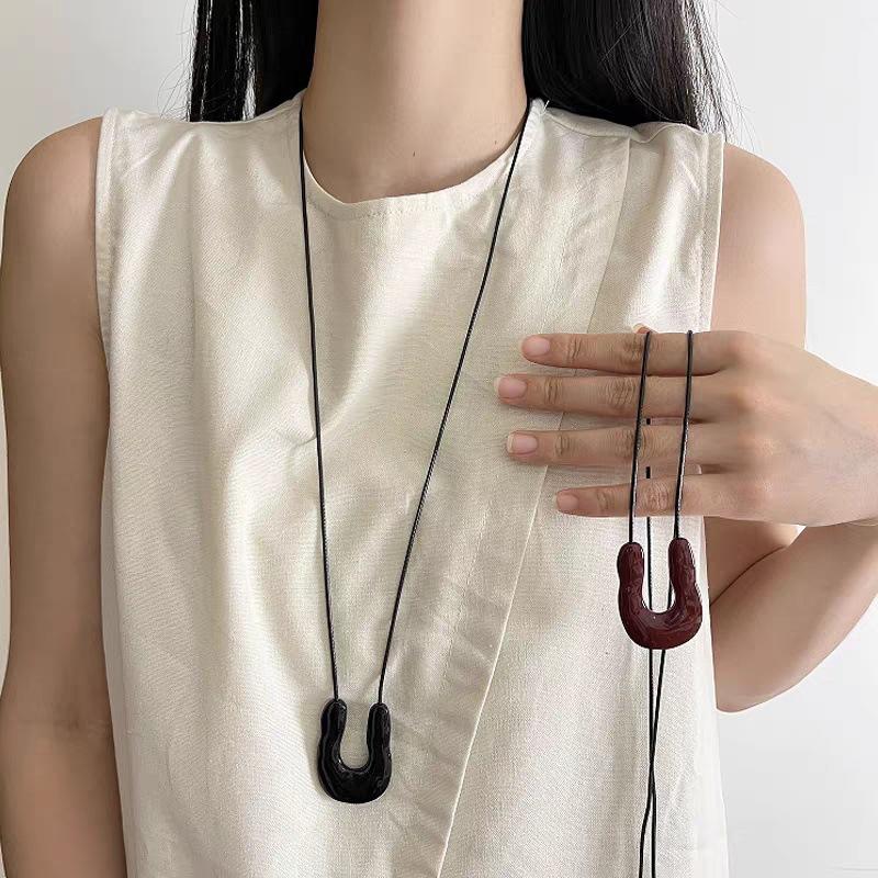 Metal Irregular Drip Glaze Pendant U-Shaped Long Black Leather Rope Sweater Chain Simple Wind Versatile Necklace