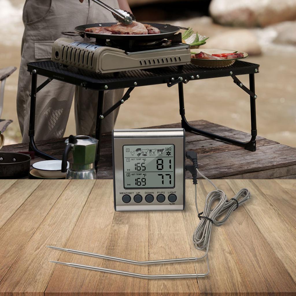 BBQ Thermometer Featuring Dual Probes and Backlit LCD Display with HiLow Alarm for Accurate Temperature Management