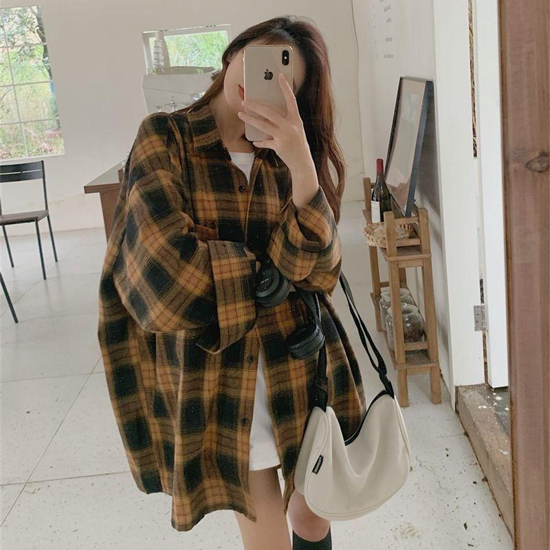 2025 Women's Retro Blue Plaid Shirt Jacket - Loose Fit, Long Sleeve for Spring & Autumn