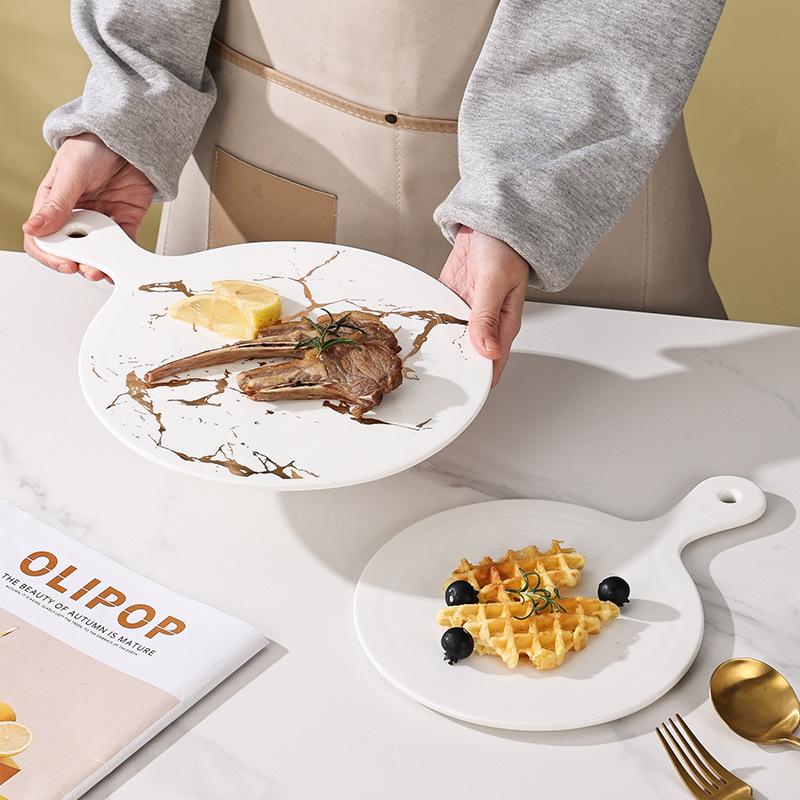 Nordic Ins Light Luxury Style Marble Gold Pattern Irregular Ceramic Tray Pizza Plate Sushi Plate Western Steak Plate