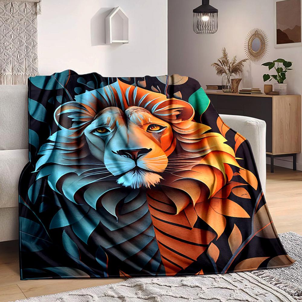 1pc Lion Tiger Print Blanket Lightweight Flannel Throw Blanket For Sofa, Bed, Living Room, Office, Outdoor Travel, Camping