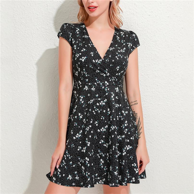 Summer Women Beach Sexy V-neck Sweet Short Sleeved High Waist Skirt Floral Sundress Dress