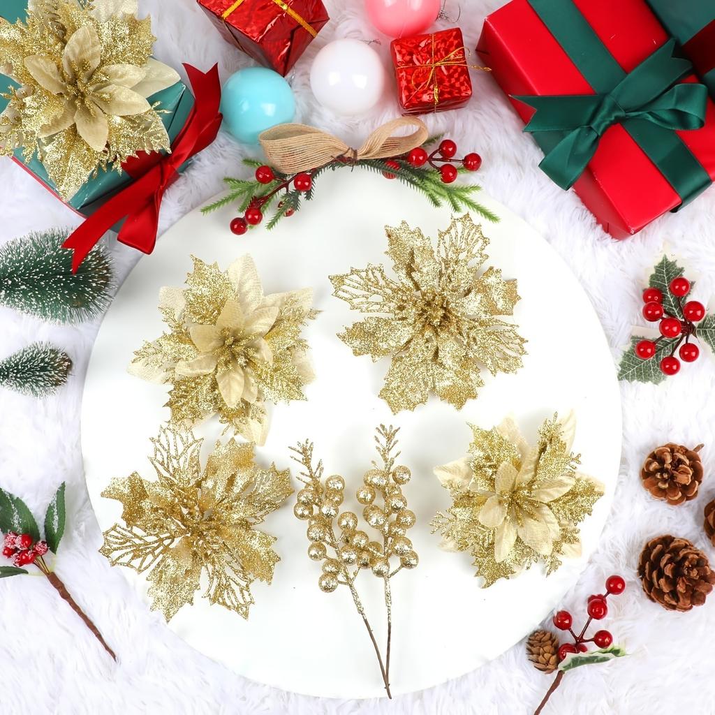 9/18Pcs Glitter Artificial Flowers Berry Bouquet Christmas Decoration Xmas Tree Pendant Ornaments for Home Decor New Year Gifts