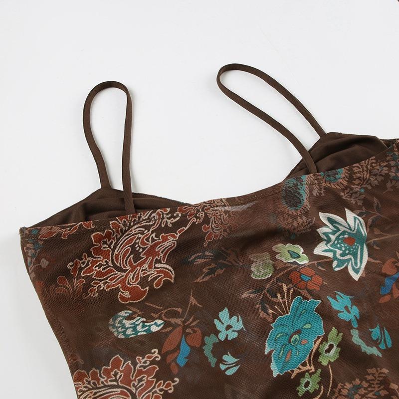 Top Canotta da Donna Estiva con Spalline Sottili, Stampa Floreale Paisley, Rete Trasparente, Nodo Frontale, Vestibilità Aderente