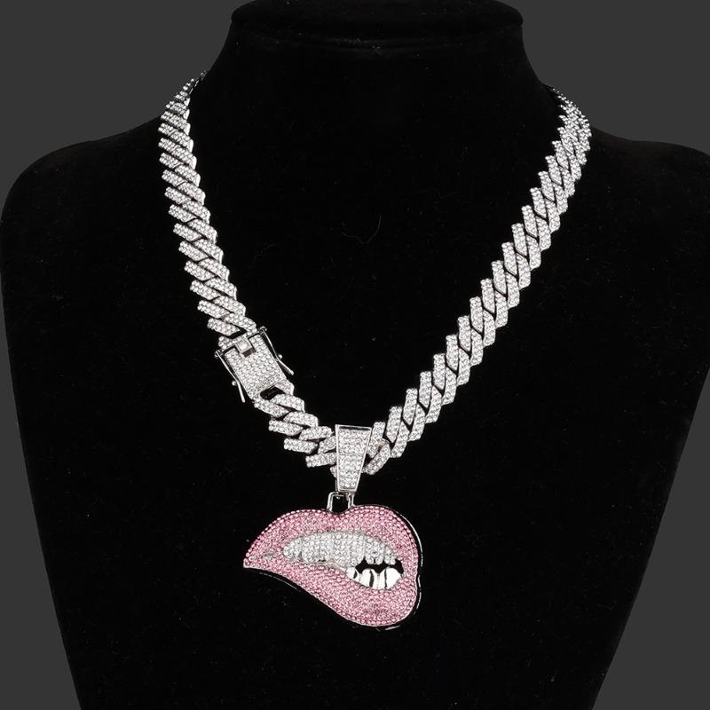Meier Sexy biting lip hip hop necklace pink diamond cuban chain necklace pendant