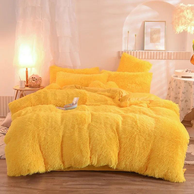 3/4PCS Winter Warm Plush Duvet Cover Pink Mink Velve+fluffy Flannel Quilt Cover Queen King Size Luxury Double Bed Bedding Set