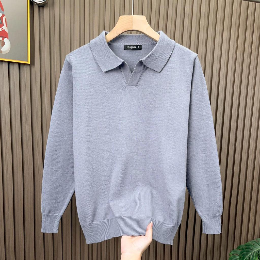 Men's Fine Knit Lapel Polo Sweater: Cozy, Skin-Friendly, Long Sleeve, Trendy, Loose Fit, High-End Feel.