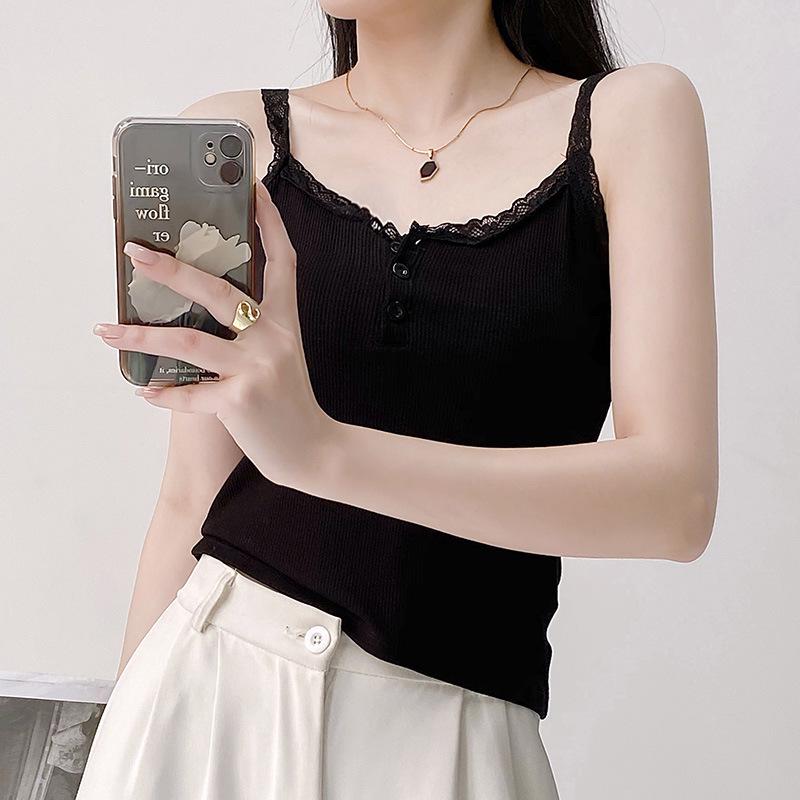 

2025 Черный кружевной топ на бретельках - Женский сладкий и пряный летний укороченный жилет M