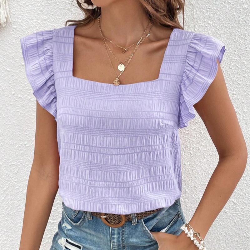 Spring and Summer New Square Neck Ruffled Women Shirt Tops Elegant Slim Fit Solid Flying Sleeve Blouse Women Loose Casual Shirts Female Clothing 26486