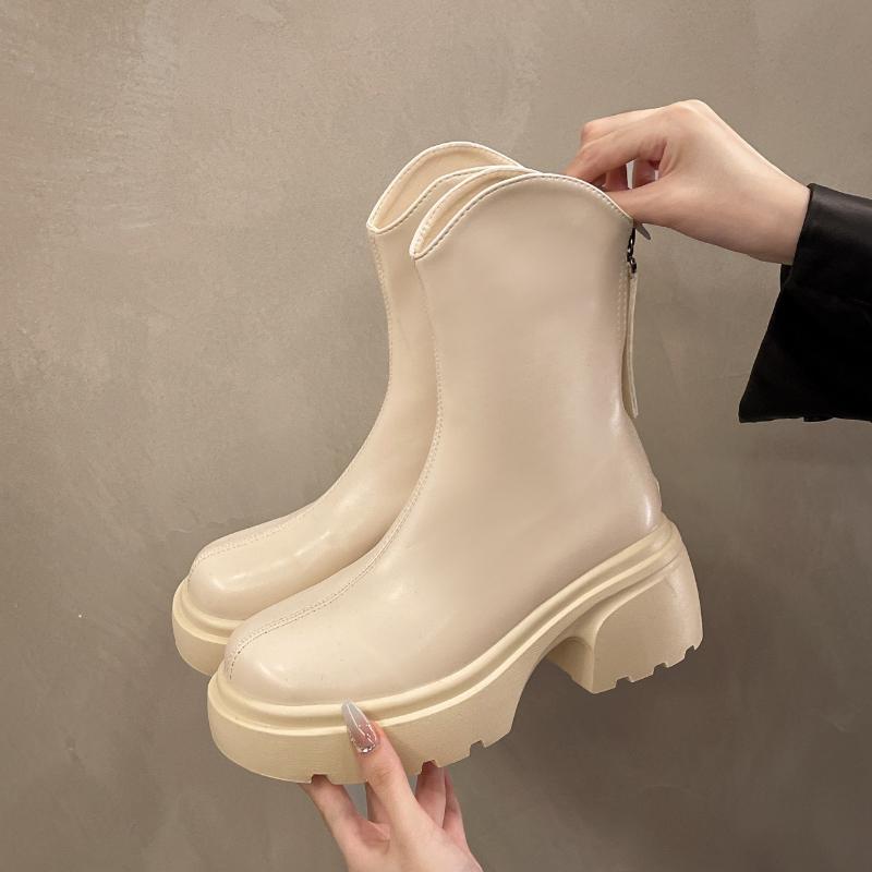 

Модные женские ботильоны из ПУ кожи 2025, массивные на платформе, женские ботинки на толстом каблуке с задней молнией, женские черные панк-ботинки, Botas Mujer 40 бежевый