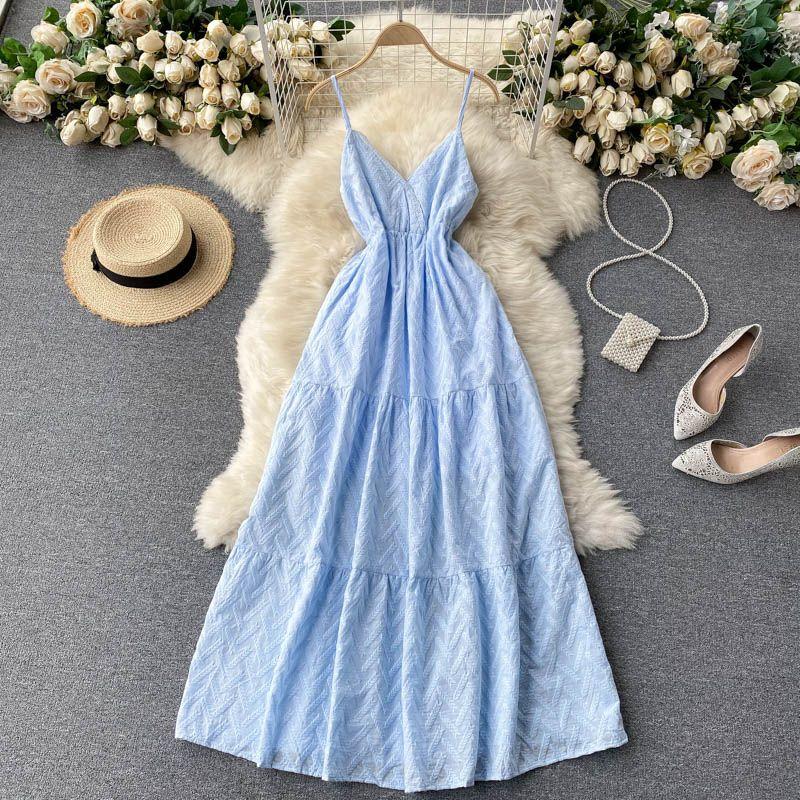 V Neck Silm Long Machine Embroidery Sling Dress