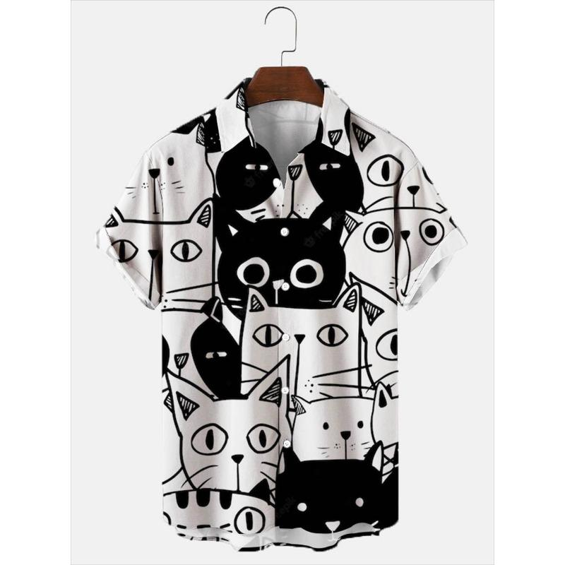 Hawaii Men's Shirt Anime Shirt Cartoon Short-sleeved Tops Summer Casual Men's Clothes Street Animals Cats Retro 3d Tees