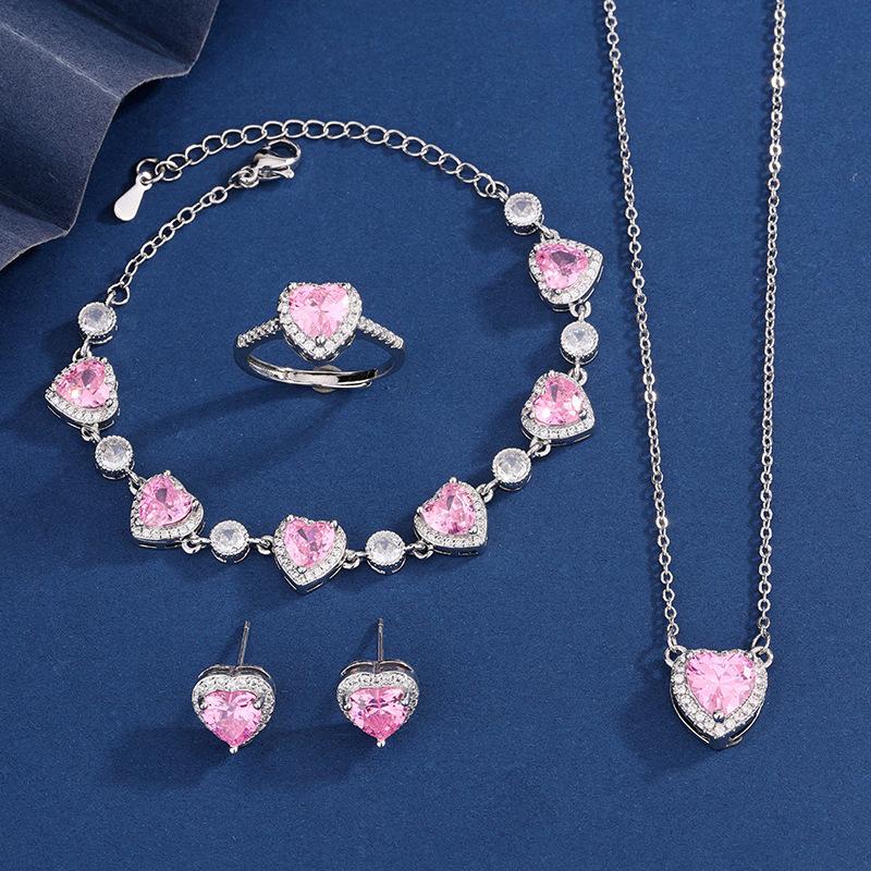 Light Cherry Pink Heart Pendant Jewelry Set for Women Elegant Necklace Bracelet Earrings Ring Wedding Jewelry Gift