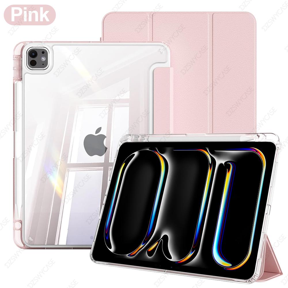 Étui pour iPad Pro 11 M4 M5, avec Porte-Crayon, Coque Intelligente Slim à Rabat Tri-fold avec Dos Transparent, Accessoires pour Tablette rose