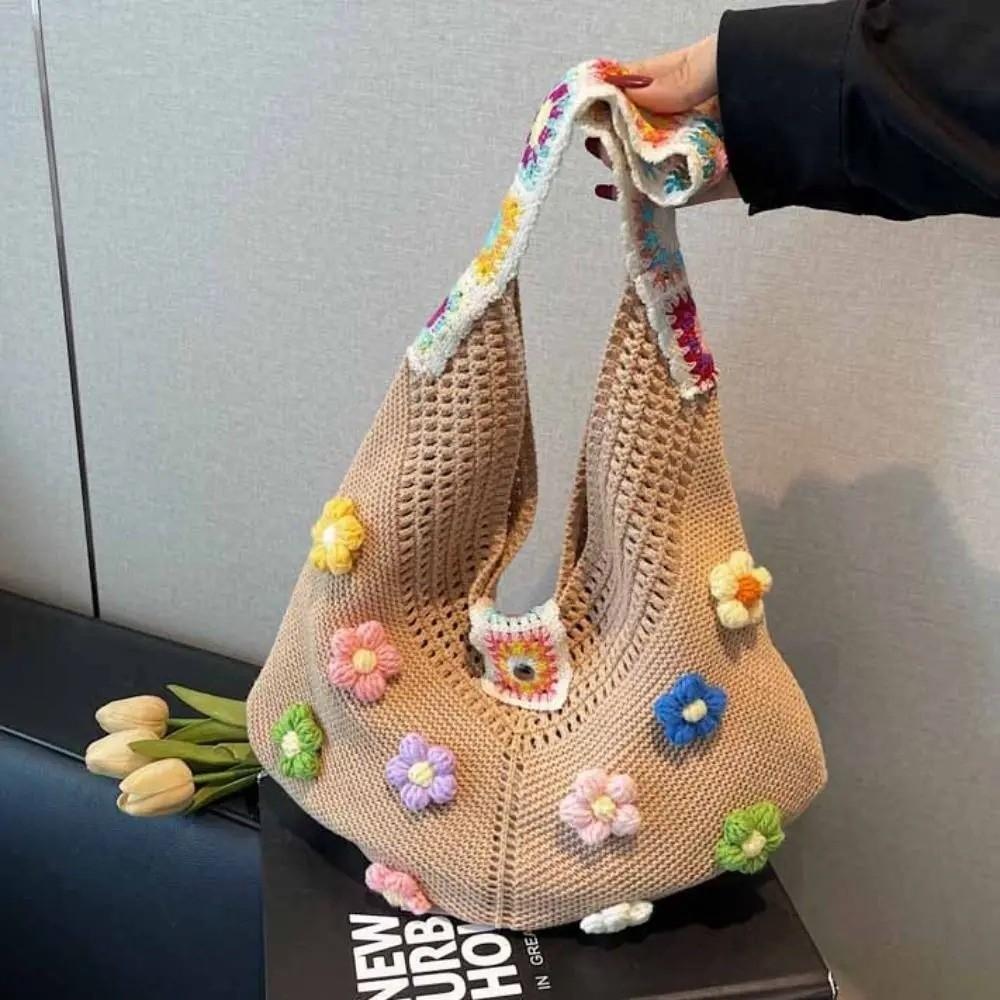 Trendy Hollow Out Woven One-shoulder Bag Flower Design Bohemian Style Beach Bag Tote Bag for Women