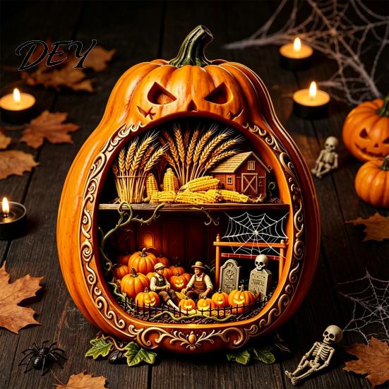 Halloween Cobweb Decorations Centerpiece Pumpkin, Wooden Pumpkin Ornament with Miniature Scenes, Rustic Scenes Skeleton for Farmhouse Home Table