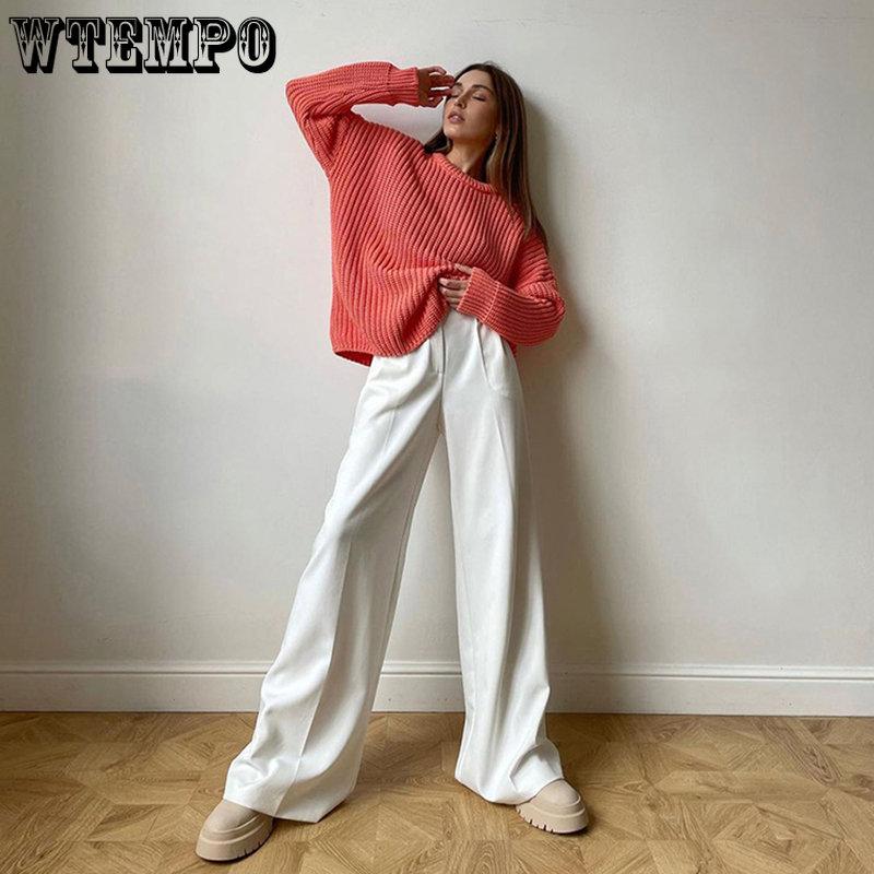 WTEMPO Blue Office Lady's Pants Loose Full Length Ladies Trousers Solid Casual High Waist Wide Leg Pants for Women