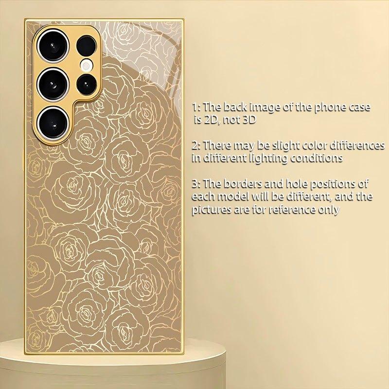 Golden flower patterned glass phone case suitable for Samsung Galaxy S26 S25 S24 S23 S22 S20 FE/Ultra/Plus hard case