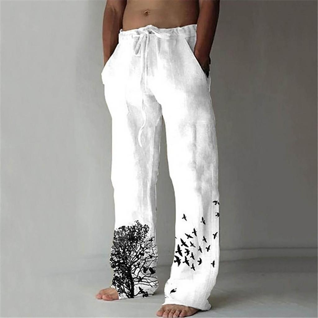 Men's Casual Loose Solid Color Cotton Linen Trousers Elastic Tie Print Trousers