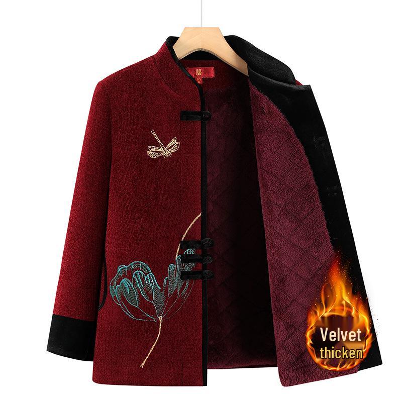 2025 Embroidered Woolen Coat for Elderly Women (Aged 60-80) - Plus Velvet Winter Style