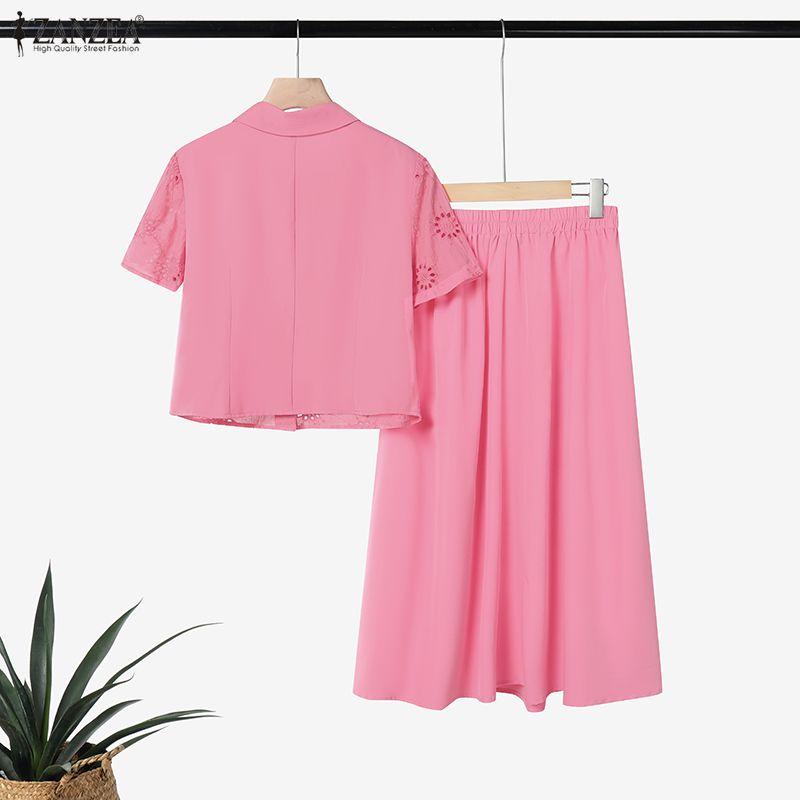 ZANZEA Women Short Sleeve Crochet Blouse and Skirts Casual Two Piece Suit Sets