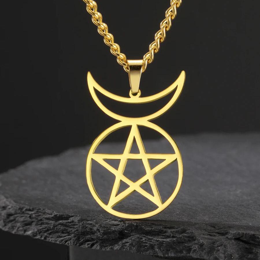 Dawapara Gehörnter Gott Cernunnos Siegel Anhänger Halskette Pentagramm Dreifache Göttin Symbol Edelstahl Wicca Schmuck