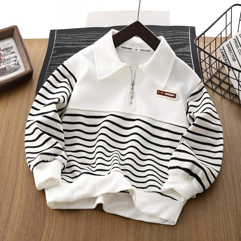 Spring/Autumn Boys' Sweatshirt, Classic Black and White Striped Patchwork Design, Stand-Up Collar Half-Zipper Breathable Tops