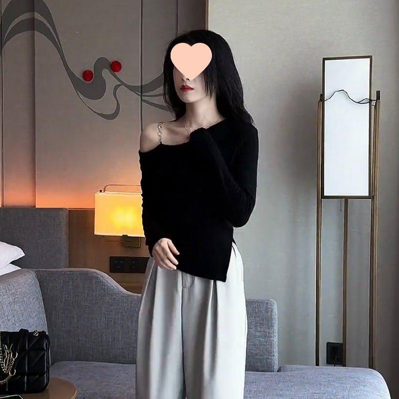 

Spicy Girl Off-Shoulder Long-Sleeve Slimming Irregular Top for Women - Autumn Base Layer Medium чорний