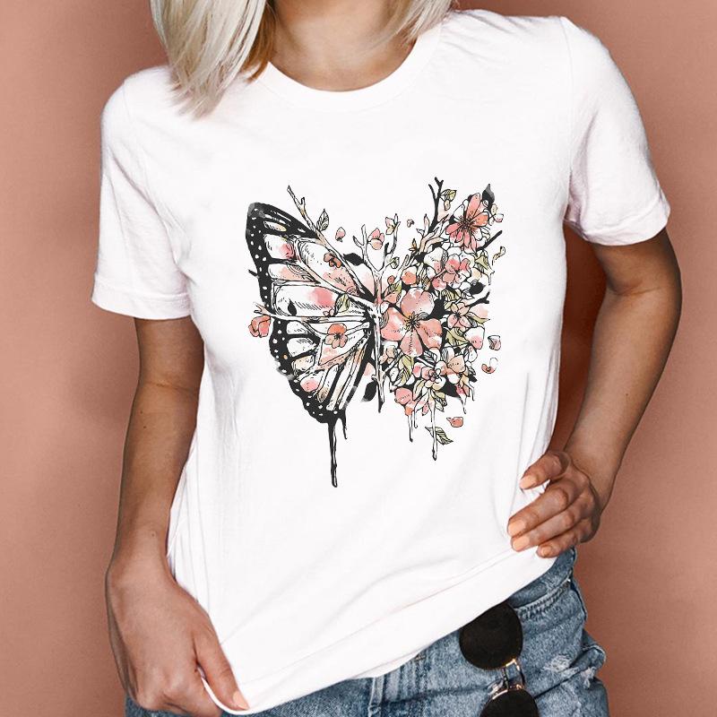 Fashion Feather Graphics Women T-Shirts Summer 90S Blouse Short Sleeve Tees O-Neck Female Tops Streetwear Y2K Clothing
