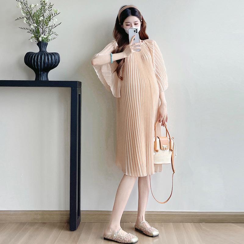 Elegant Korean-Style Loose Pleated Chiffon Maternity Dress for Summer 2026 Medium