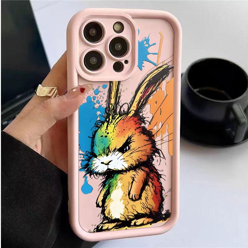 Cartoon Anger Rabbit Soft TPU Case For iPhone16 11 12 13 14 15 Pro Max X XR XS 7 8 Plus SE 2022 Shockproof Silicone Bumper Cover