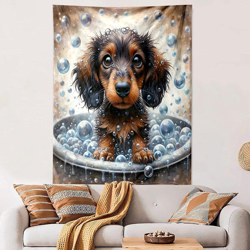 Cute Dachshund Puppy in Bubble Bath Patterned Tapestry Decorative Wall Hanging, Home Bedroom Living Room Decor
