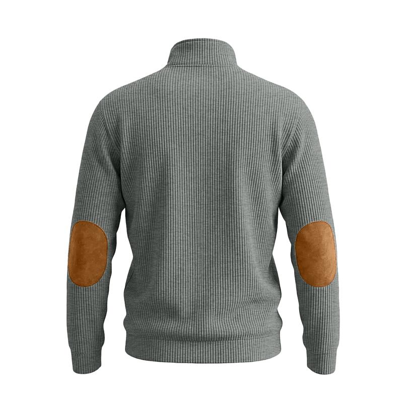 Herbst Winter Herren Color Block Sweatshirt Vertikal Rippstrick Halber Reißverschluss Stehkragen Pullover Wildlederflicken Schulter Ellbogen Vintage Lässig Langarm Oberteile
