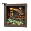 Miniature Landscape Art Christmas Sea Glass Shadow Box Night Light, 3D Winter Snow Scene Wooden Holiday Gift for Friends Frame with LED Warm