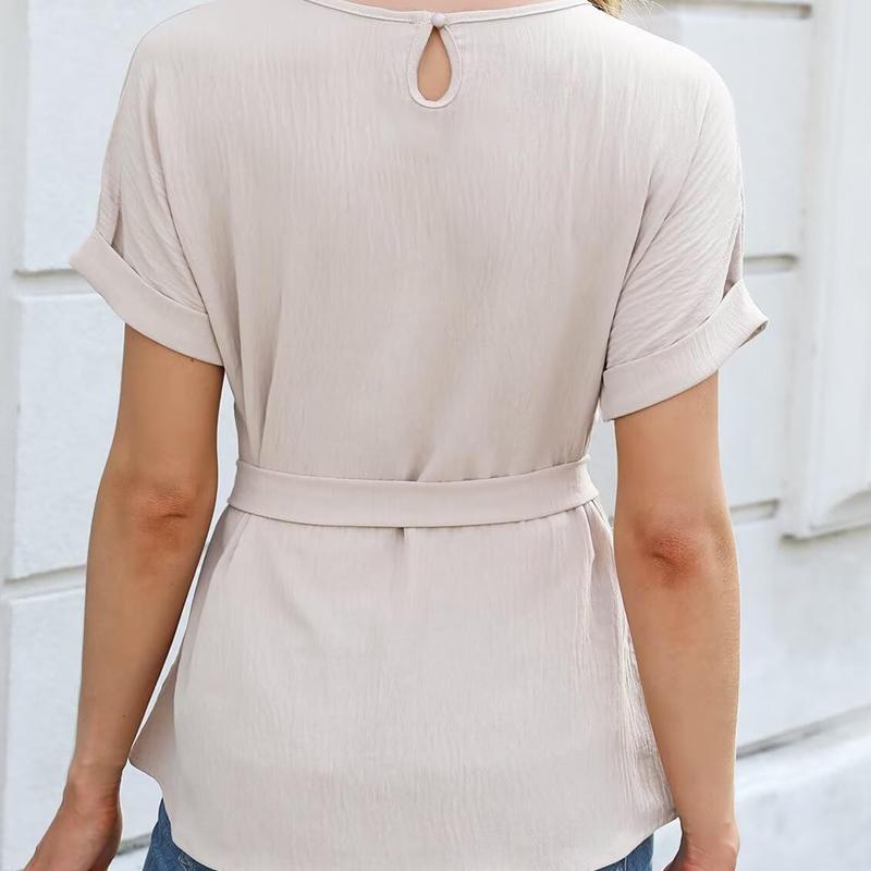 Ruffled Pleated Round Neck Short-sleeved Top Fashion Women's Commuter All-match Temperament Elegant Casual T-shirt R-88083
