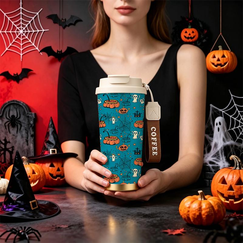532ml Coffee Cup Halloween Ghost Hat Pumpkin Skull Web Cauldron MotifAutumn Commuter Cup Large Capacity Tea Cup Double Wall Insulated Cup 532ml Coffee Cup