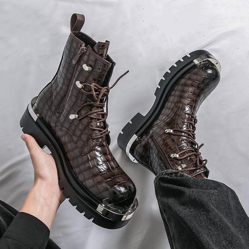 Men’s Retro Thick Sole Platform Punk Boots Elevator Street Style Big Head Motorcycle Boots High Boots Plus Size