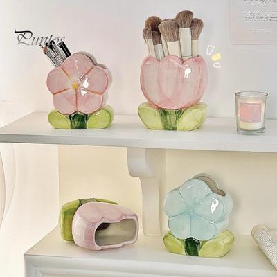 Keramický květinový držák na pero Ručně vyráběný tulipánový kosmetický úložný box Organizér na štětce na make-up Květinový držák na tužky pro domácí kancelářský stůl