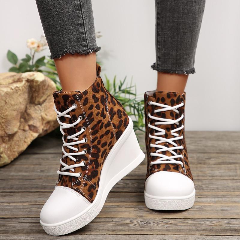 High Top Herbstmode Neu Runde Zehenpartie Gespleißt Leopard Schnürung Plateau Rutschfest Abriebfest Keil Einzeln