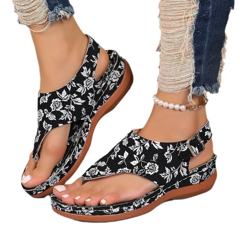 Large size herringbone sandals women's embroidered flower back buckle wedge sandals women's