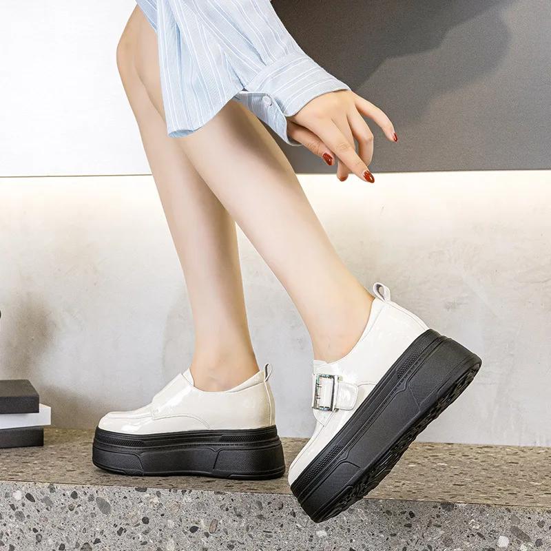 Fashion 8.5CM New Patent Synthetic Leather Platform Wedge Chunky Sneakers Spring Fashion Boots Pumps Hook Women Autumn Pupil Shoes