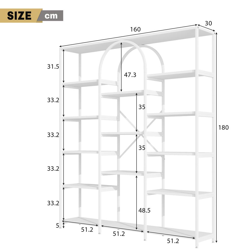 160 x 30 x 180 cm Shelf in Modern, Minimalist Style, Made of Steel Tubes and MDF, Multiple Storage Compartments, Rectangular + Arch Design, White