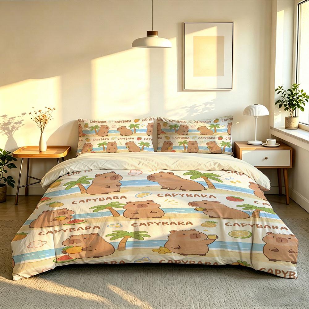 3er-Set Capybara Strand-Print Bettbezug Niedliches Tier Weiches Mikrofaser-Bettwäsche-Set mit Kissenbezügen Bettdeckenbezug Schlafzimmer Dekor
