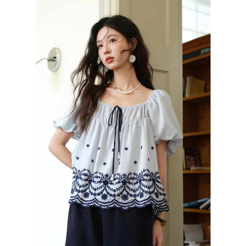 Women s French Sweet Lace Crochet Short Sleeve Blouse L