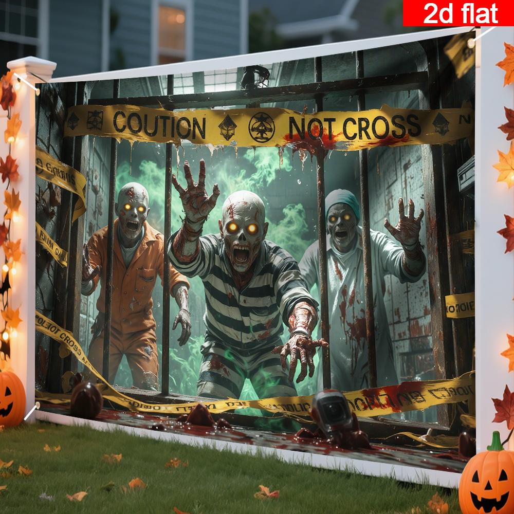 1 Halloween Polyester Flag, 2D Graphic Design, Terrifying Zombie Image with Glowing Eyes, Ghost Prison Scene