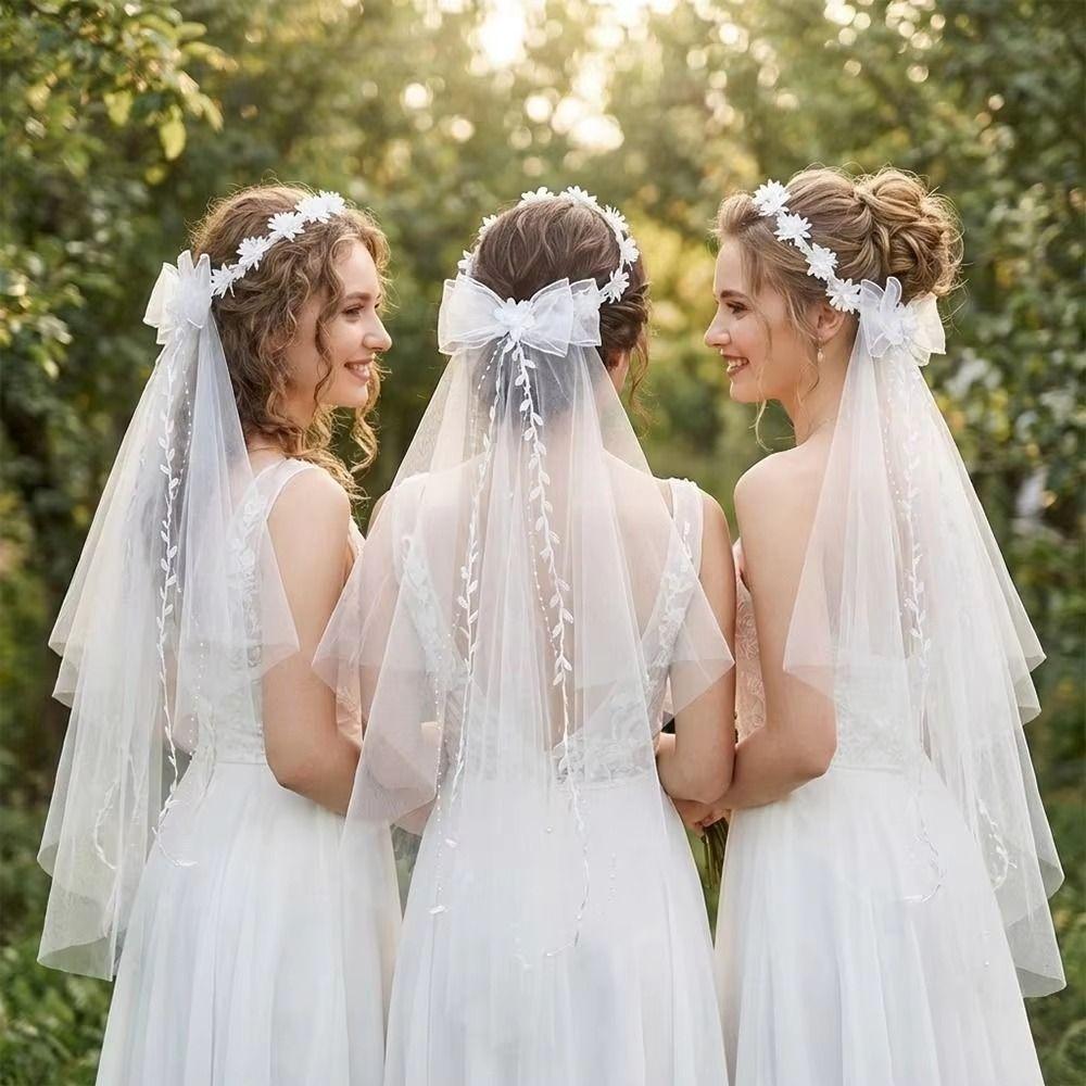 White Bridal Veil Mesh Flower Wreath Portable Marriage Headwear Outdoor Wedding Guest