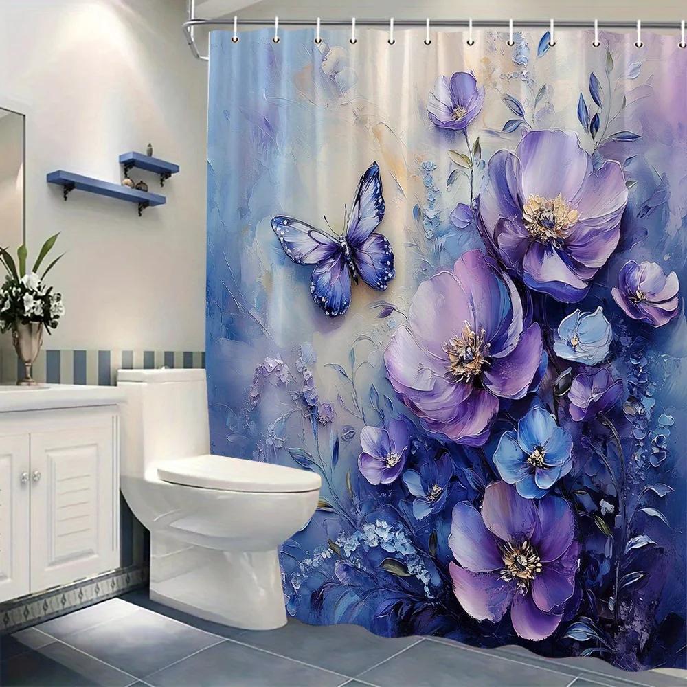 Purple Blue Floral Bouquet Butterfly Shower Curtain,Dreamy Digital Painting,Textured Flowers &Butterfly,Soft Gradient Background