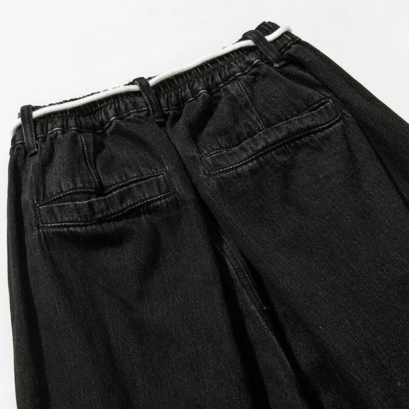 Men Loose Harajuku Denim Pants Men Vintage Elastic Waist Jeans Male Hip Hop Wide Leg Pants Man Solid Color Trousers