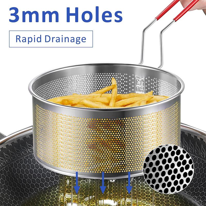 LMETJMA Deep Fryer Basket Round Stainless Steel Fry Baskets With Silicone Handle and Resting Hook for French Chips JT96